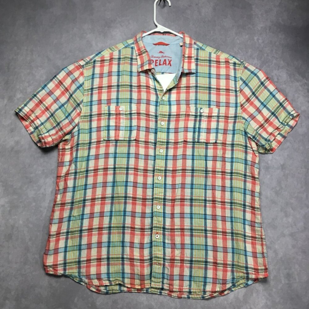 Tommy Bahama Mens Linen Plaid Shirt size XXL Short‎ Sleeve Button Up Red Green